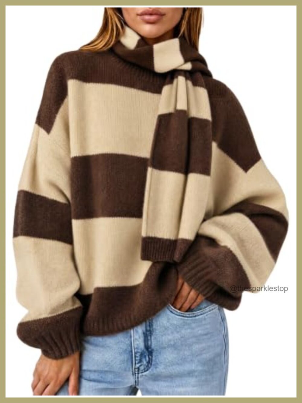 Womens Striped Long Sleeve Knit Pullover Sweater with Scarf Oversized